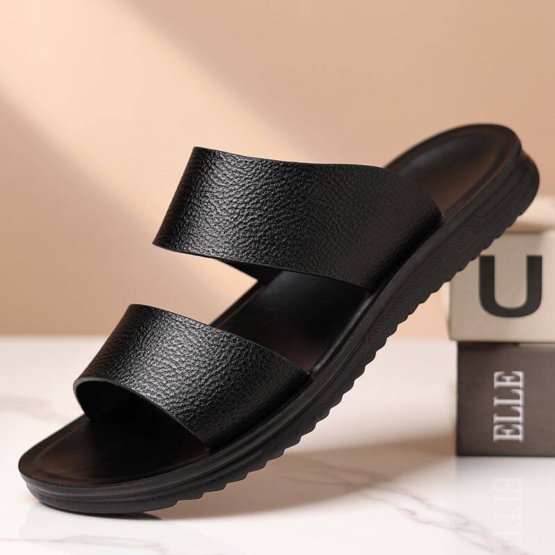 男凉拖鞋平底一字拖鞋防滑柔软头层牛皮休闲皮凉鞋软底