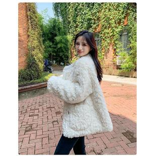 小香风刷花兔毛外套女2026冬季新款小个子宽松加棉毛毛上衣棉服