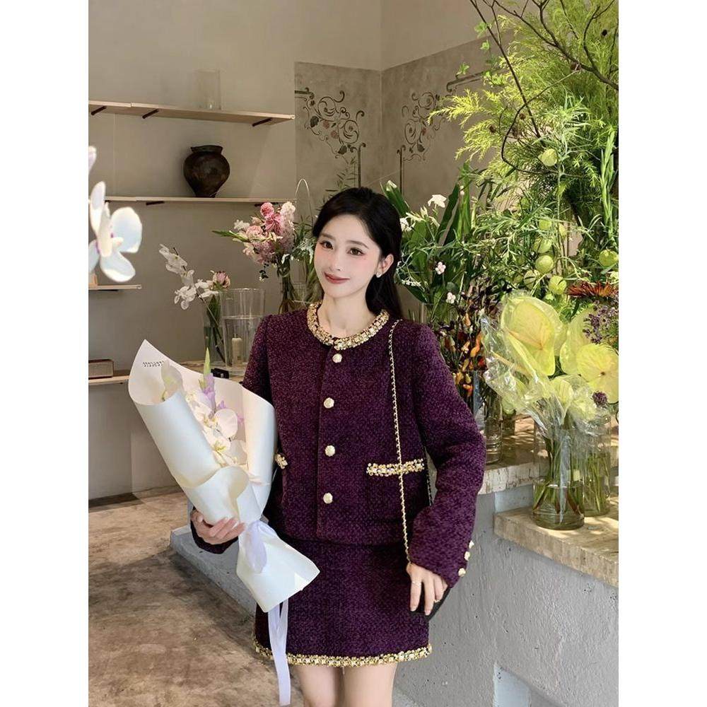 2026年秋千金紫色小香风套装裙女高级感短外套气质名媛两件套,女装/女士精品,时尚套装,淘宝优惠券,粉丝福利购,淘宝优惠卷