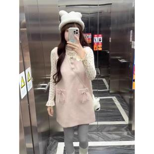 奶fufu可爱甜妹套装女秋冬小个子波点打底衫粉色背心连衣裙两件套