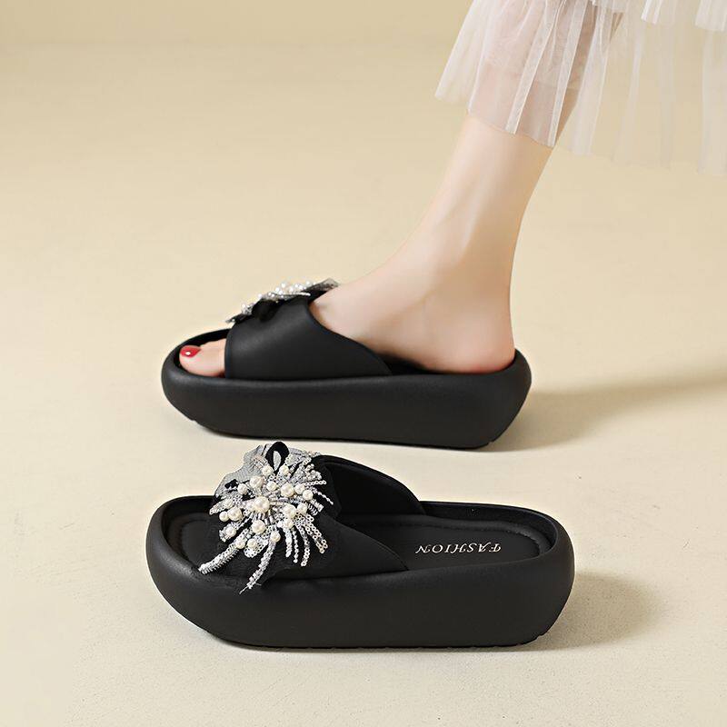 高级感外穿凉拖鞋女夏季新款配裙子黑色粗跟高跟鞋绝美水钻一字拖