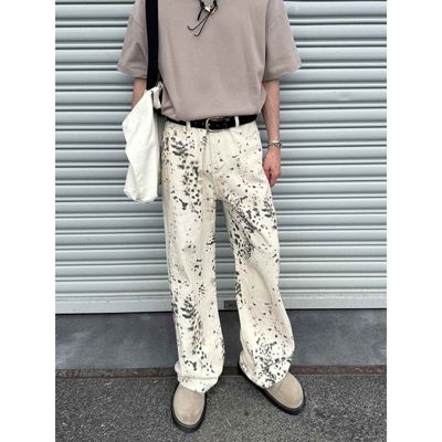 潮牌泼墨豹纹牛仔裤男女嘻哈复古hiphop阔腿拖地宽松休闲裤子微喇