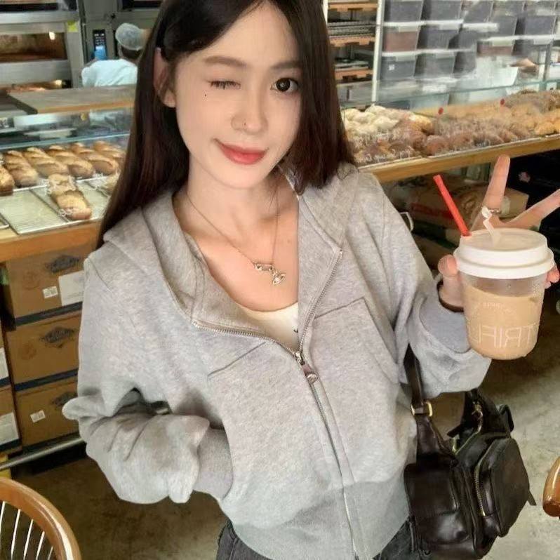 华棉复合灰色短款连帽加绒加厚卫衣外套女秋冬新款上衣穿搭开,女装/女士精品,卫衣/绒衫,淘宝优惠券,粉丝福利购,淘宝优惠卷