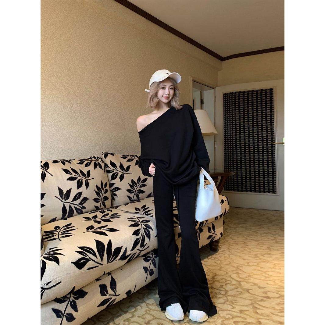 2025春季新款韩版时尚辣妹露肩斜领卫衣高腰抽绳阔腿微喇裤套装女,女装/女士精品,时尚套装,淘宝优惠券,粉丝福利购,淘宝优惠卷