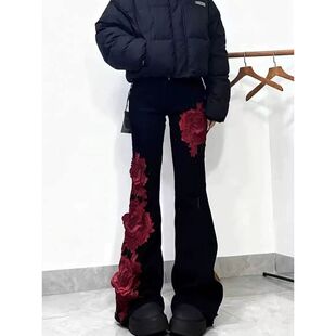 美式复古设计感玫瑰拼接微喇牛仔裤女y2k辣妹修身显瘦喇叭拖地裤
