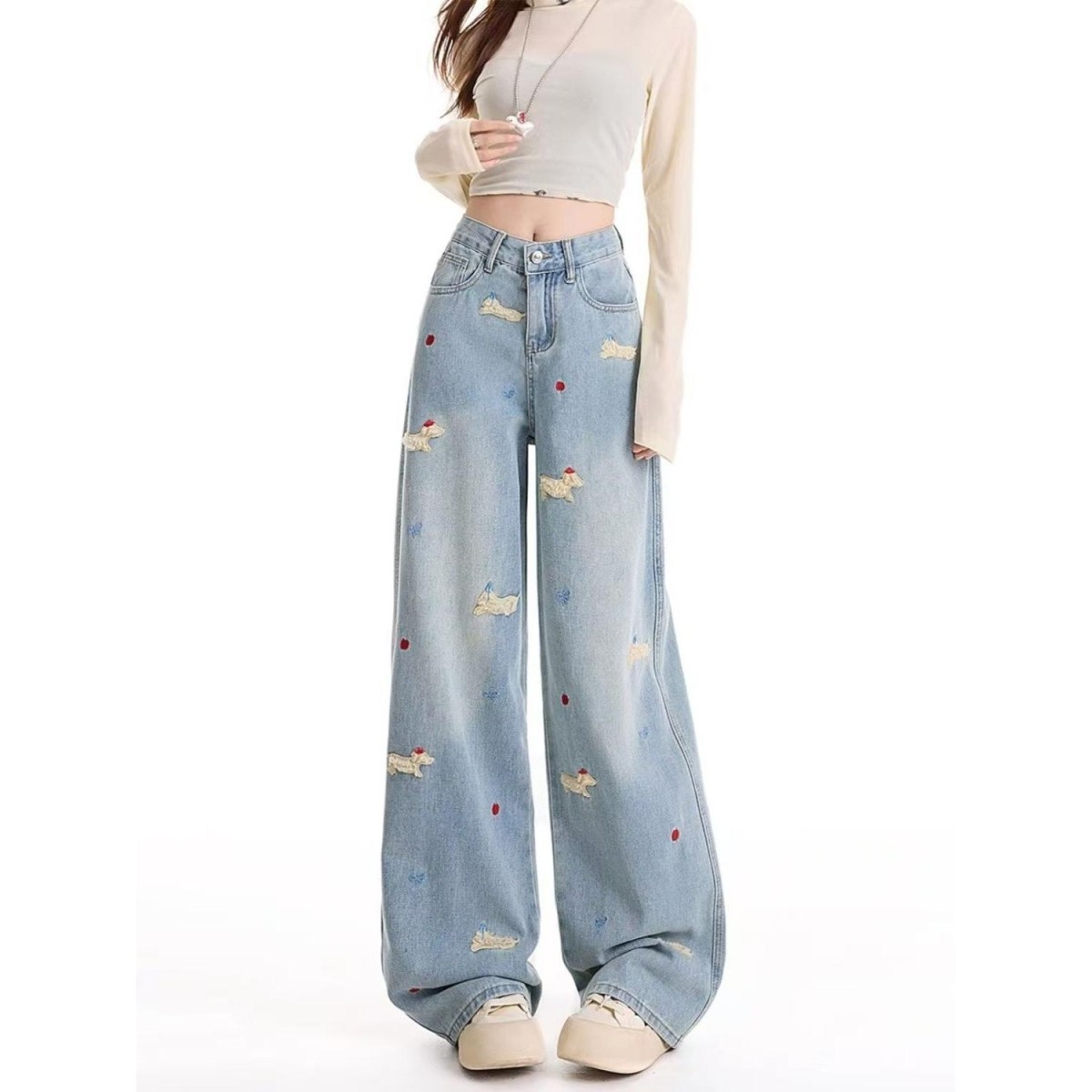 水洗做旧卡通腊肠狗立体刺绣阔腿牛仔裤女春季宽松显瘦直筒长裤子