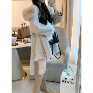 高级感羊绒双面呢子韩系短款大衣秋冬女装小个子气质收腰毛呢外套