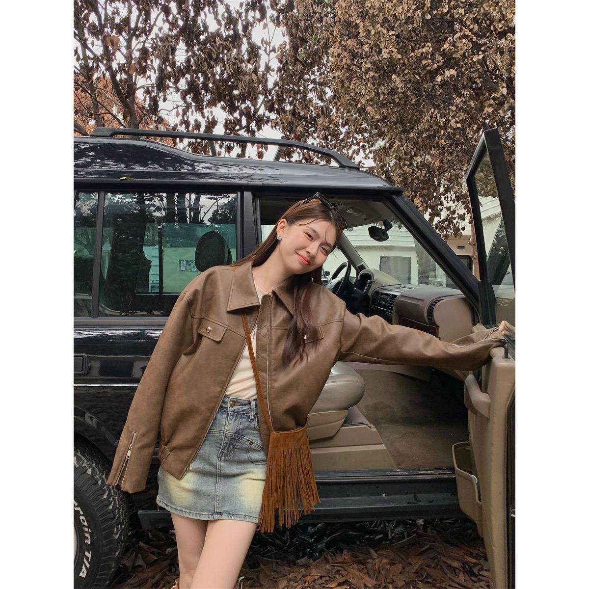 美式复古棕色皮衣外套女2026秋季新款小个子高级感pu皮机车夹克女,女装/女士精品,皮衣,淘宝优惠券,粉丝福利购,淘宝优惠卷