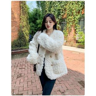 小香风刷花兔毛外套女2026冬季新款小个子宽松加棉毛毛上衣棉服