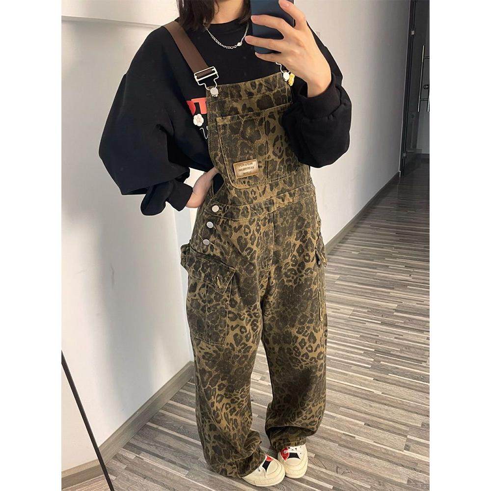 欧美式hiphop复古豹纹牛仔背带裤女2025春季宽松休闲加长拖地裤子