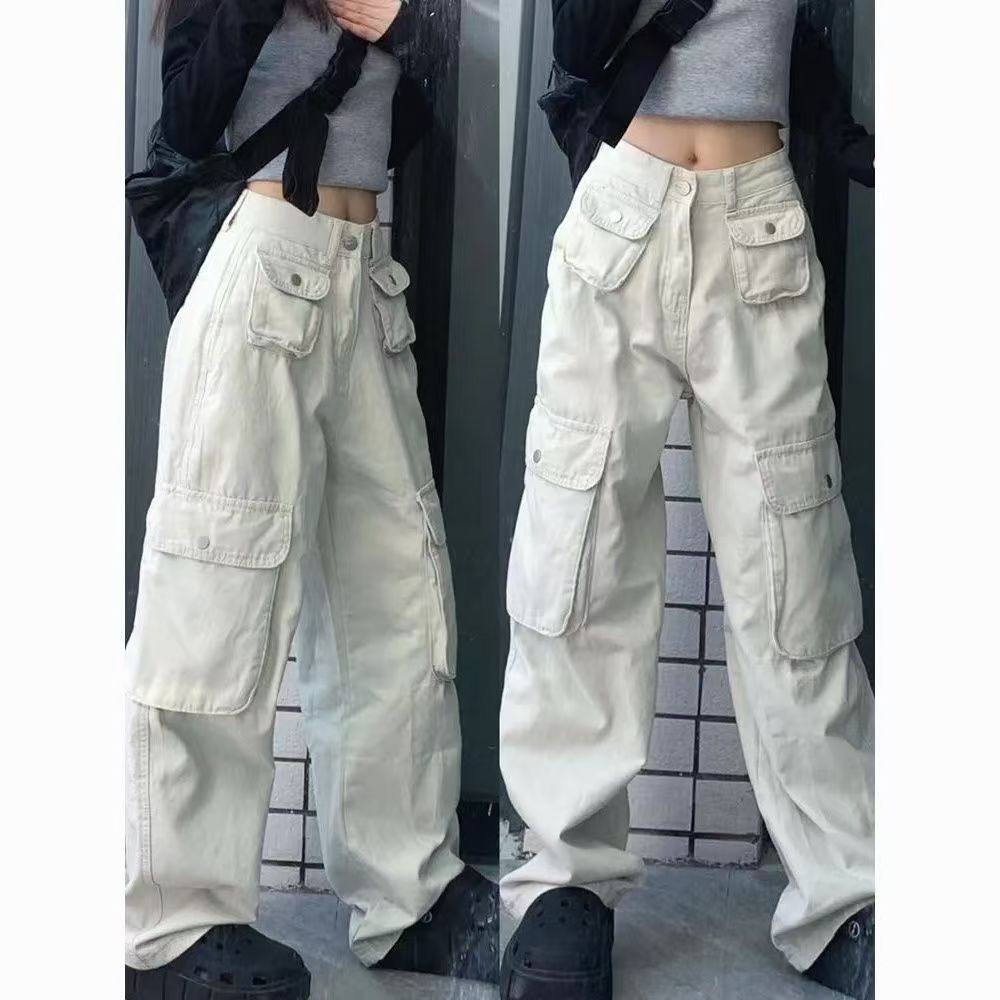 美式白色工装裤女夏季新款vibe高腰小个子阔腿裤宽松显瘦直筒裤子