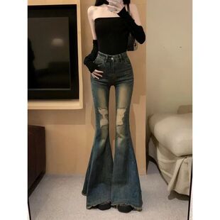 美式复古辣妹破洞微喇牛仔裤女春秋新款高腰修身显瘦阔脚马蹄长裤