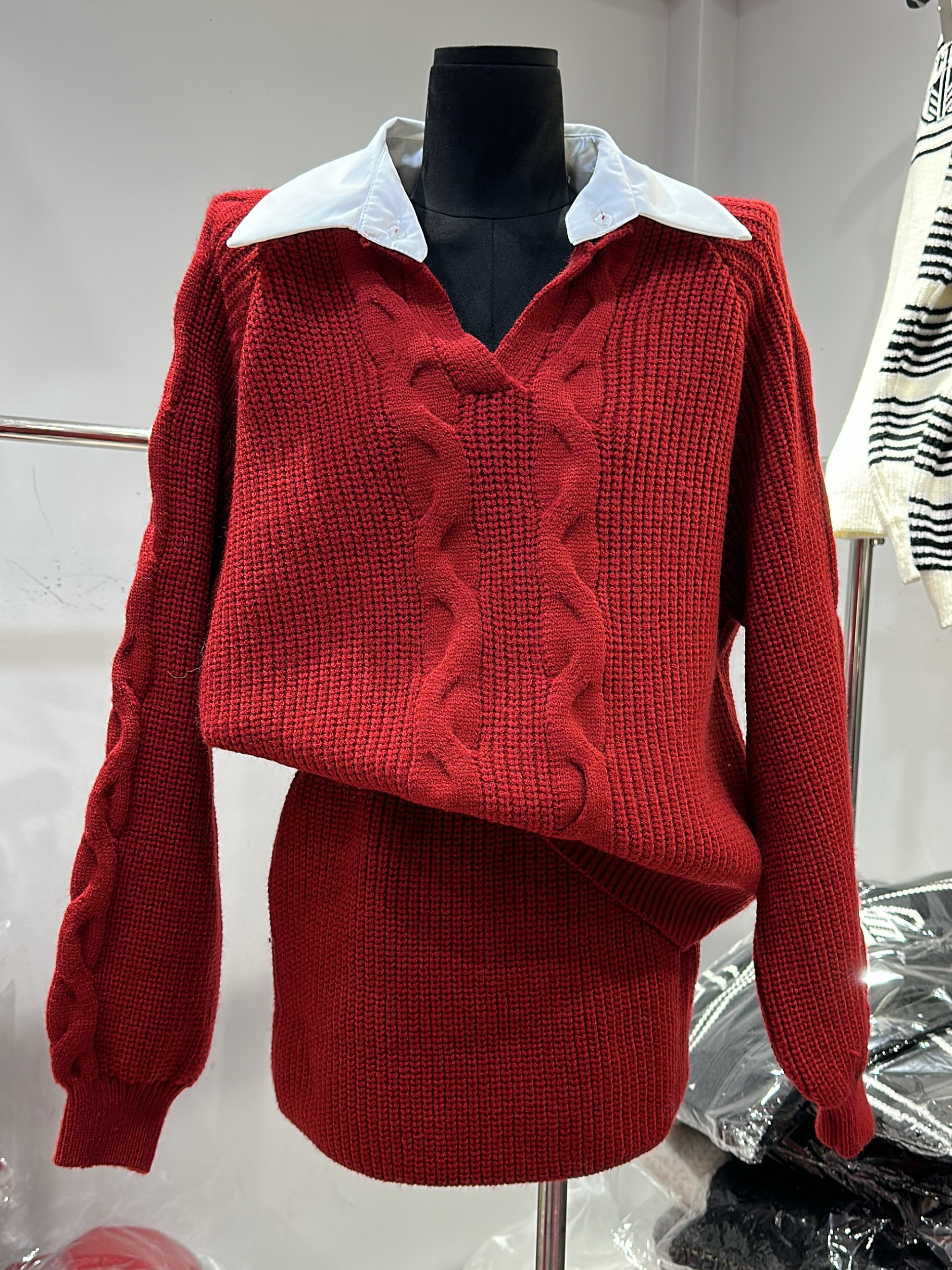 十三行2025秋冬韩系洋气拼接衬衫领假两件套头毛衣半裙套装两件套