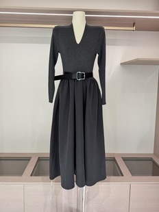 十三行2025秋季 弹力拼接假两件大摆连衣长裙女 气质大女主V领修身