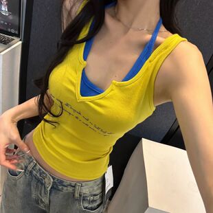 十三行Lucky正版 2026春夏韩系简约撞色假两件字母印花吊带背心女