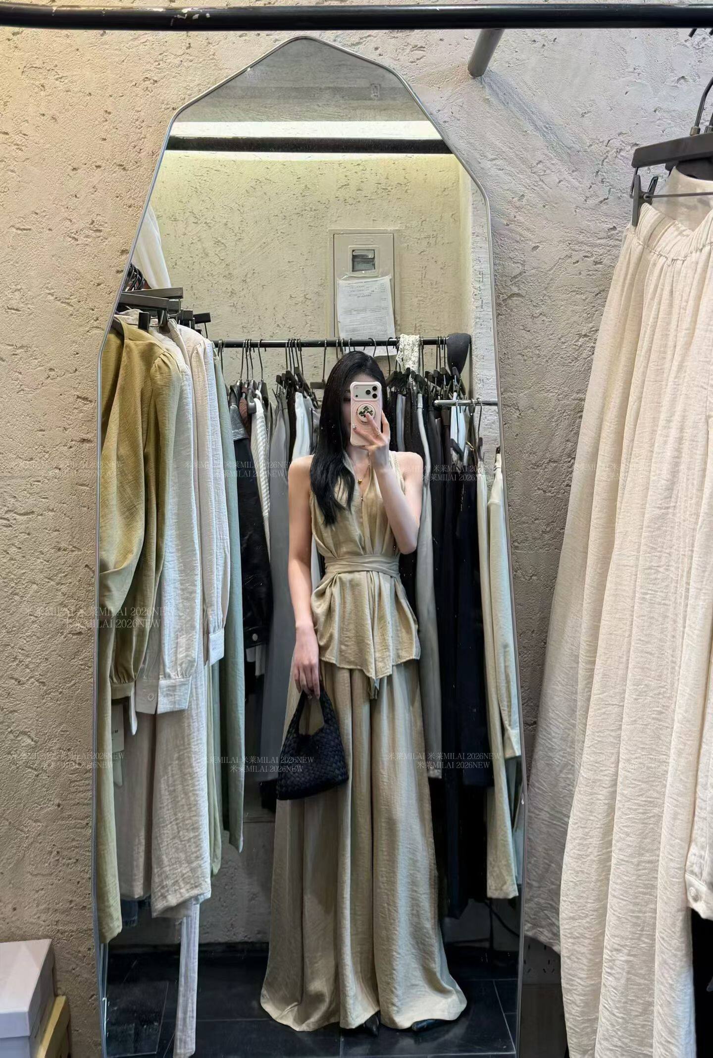 十三行米莱正版2026春夏气质大女主绑带收腰上衣高腰阔腿长裤套装