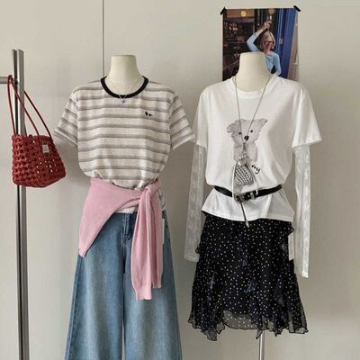 SUSAN 韩版撞色条纹圆领套头短袖t恤2026夏季款宽松上衣3350S