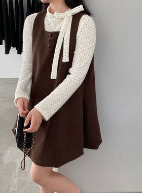 【江左】减龄复古无袖花苞连衣裙女25冬季叠穿波点绑带套装25792