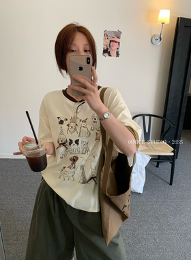 奶思家NICE STUDIO-2026春上新撞色领狗狗印花短袖T恤女衣w63803