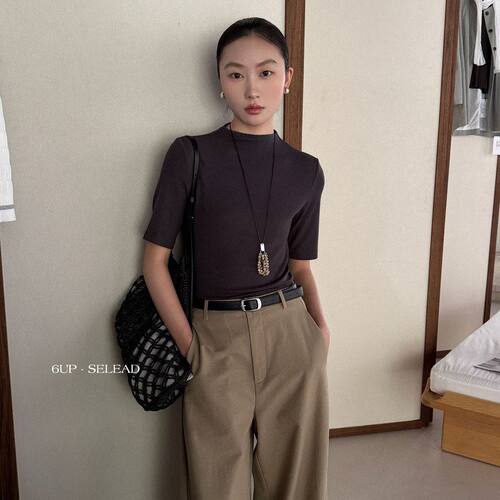6UP早秋韩系极简修身显瘦T恤中袖女新款百搭通勤半高领上衣61128