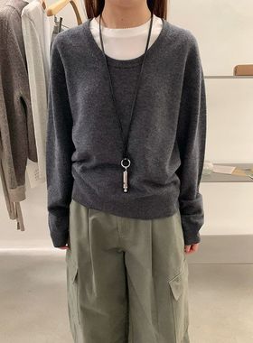 EVERTRUE U领长袖毛织衫女秋季新款韩版纯色套头显瘦上衣女65809