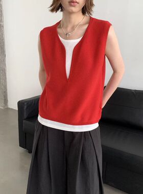 6UP春夏韩系假两件无袖毛衣女背心广州十三行新款慵懒针织衫60352