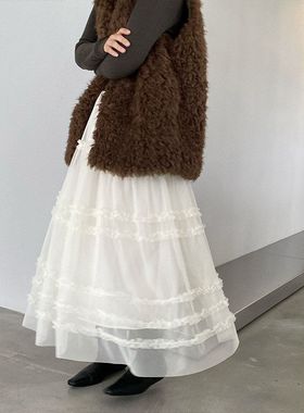 【江左】2026早春韩版气质高腰网纱木耳边拼接减龄蛋糕裙女0276