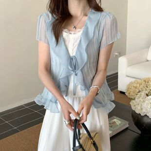 SUSAN 夏季新款时尚高级感荷叶边小衫＋吊带背心两件套上衣女3622