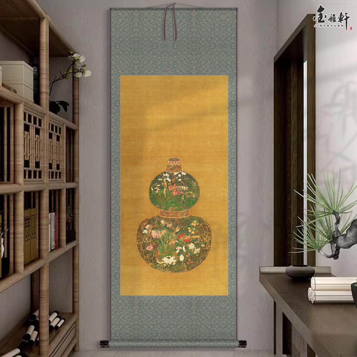 元代陈琳葫芦花瓶图中式复古茶室客厅玄关走廊过道装饰画卷轴挂画