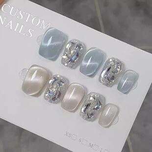 猫眼纯手工穿戴甲高级感假指甲贴美甲贴片 纯手工穿戴甲水波纹短款