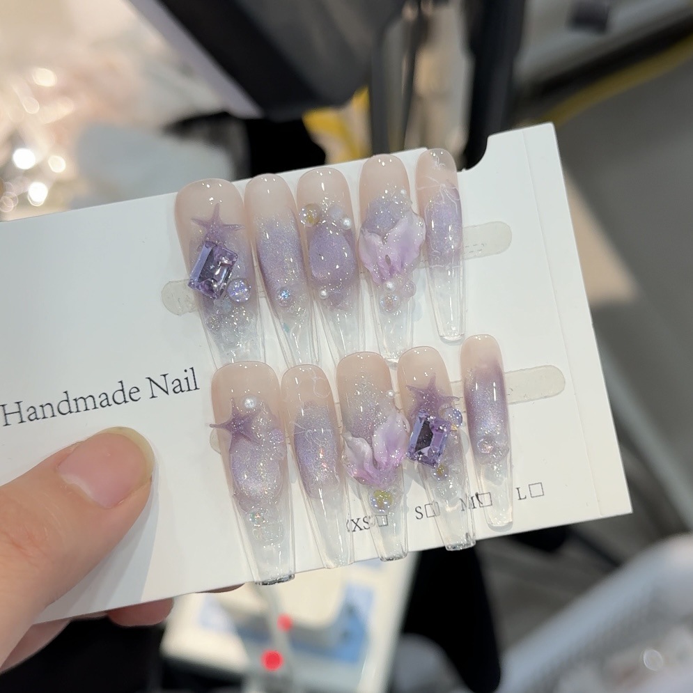 紫色鱼尾纯手工穿戴甲片冰透紫