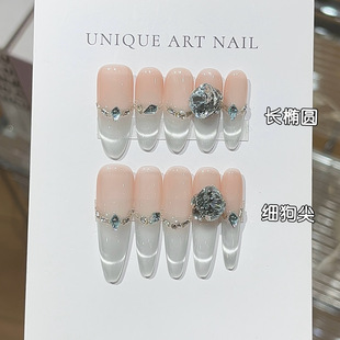 清冷感纯手工穿戴甲K9钻石装饰爆闪轻奢高级感美甲甲片细狗尖长款