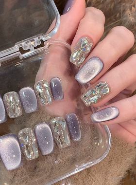 紫色猫眼带钻穿戴甲温柔显白短款纯欲心动光影高级感甜酷氛围感