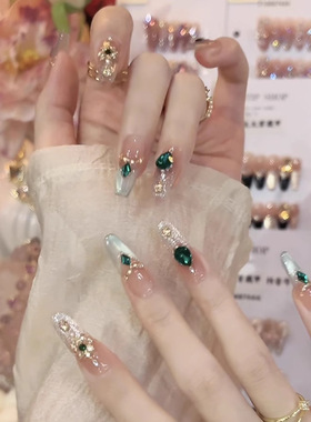 宫廷风细闪猫眼渐变复古绿色碎钻拼贴清冷气质感长款可拆卸美甲