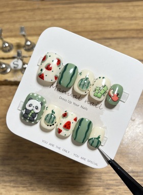 小清新绿色手工穿戴美甲可爱卡通小熊猫竹子显白短款可拆卸美甲贴