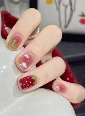 穿戴甲可爱多巴胺短款草莓花朵腮红款粉红色绿色白色甲片美甲贴片