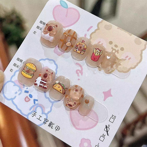 纯手工穿戴甲可爱卡通短款卡皮吧啦棕色显白小众假指甲贴片成品