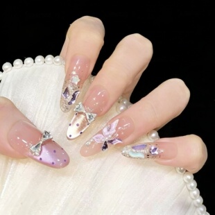 2026新款 显白猫眼美甲 紫气东来渐变穿戴甲蝴蝶闪钻满钻爆闪法式