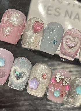 纯手工穿戴甲冰透细闪爱心贴纸梦幻岛小清新粉蓝色短款假指甲贴片