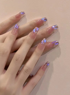 纯手工穿戴甲2024纯欲紫色魅影爆闪极光钻石温柔显白超仙气假指甲