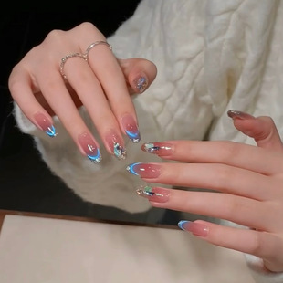 爆闪美甲显白高级感轻奢淡雅 海盐星河纯手工穿戴甲渐变色闪钻法式