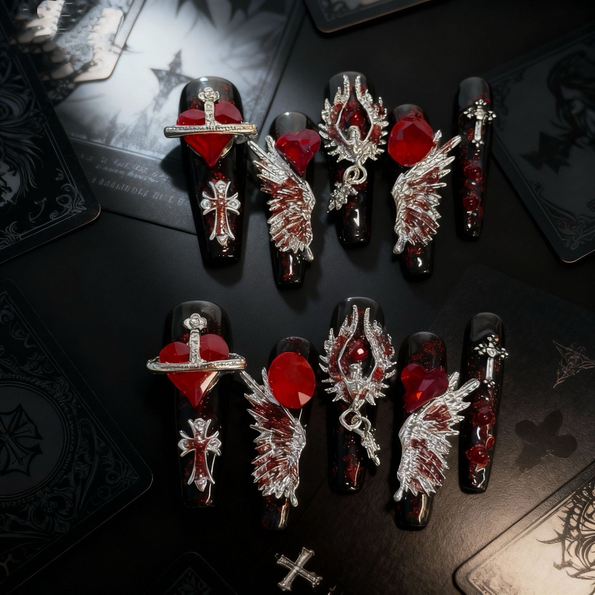 纯手工穿戴甲红宝石银翅膀十字架