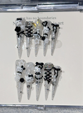 黑白HelloKitty猫绑带新款穿戴甲立体蝴蝶结玫瑰美甲贴片假指甲