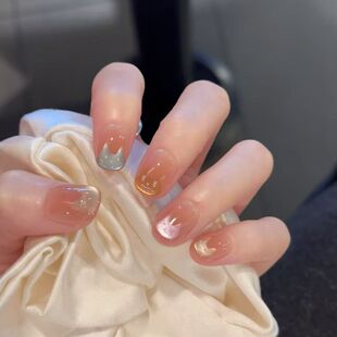 猫眼多巴胺高级感 小花喵手工穿戴甲裸色渐变日常美甲成品可爱短款