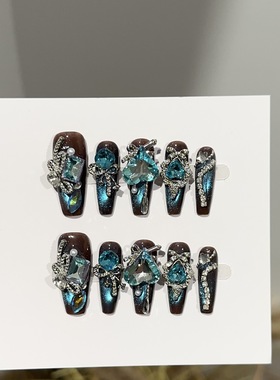 蓝绿色闪钻花朵纯手工爆闪穿戴甲长款奢华甜美显白美甲甲片高级感
