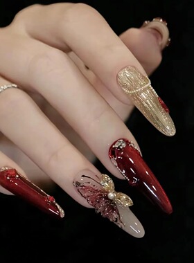 新年鸿运蝶舞美甲穿戴甲冰透红色系带钻钢珠蝴蝶结国风过年假指甲