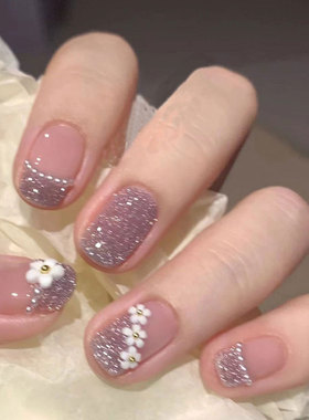 手工穿戴甲新款法式紫色碎钻小花朵推推钻显白气质人鱼姬指甲贴片