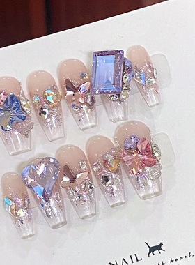 紫色蝴蝶穿戴甲闪钻彩钻夏日甜妹手工高级感轻奢假指甲贴片可拆卸