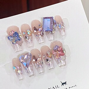 紫色蝴蝶穿戴甲闪钻彩钻夏日甜妹手工高级感轻奢假指甲贴片可拆卸