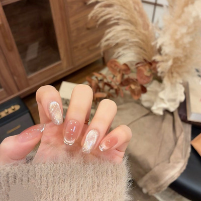 纯手工裸色猫眼穿戴甲显白爆闪